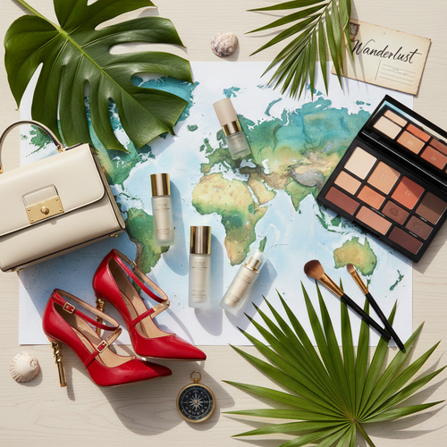 All-in-One Travel Kit - travel, beauty, skincare and fashion flat lay